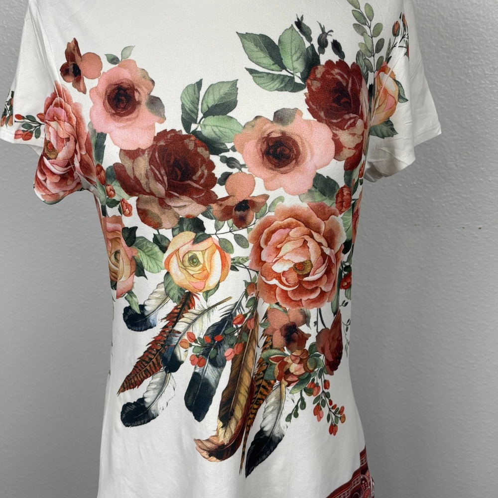 Dice Floral Tunic Top Women Medium Boho Roses Feather Print Short Sleeve - Picture 4 of 8